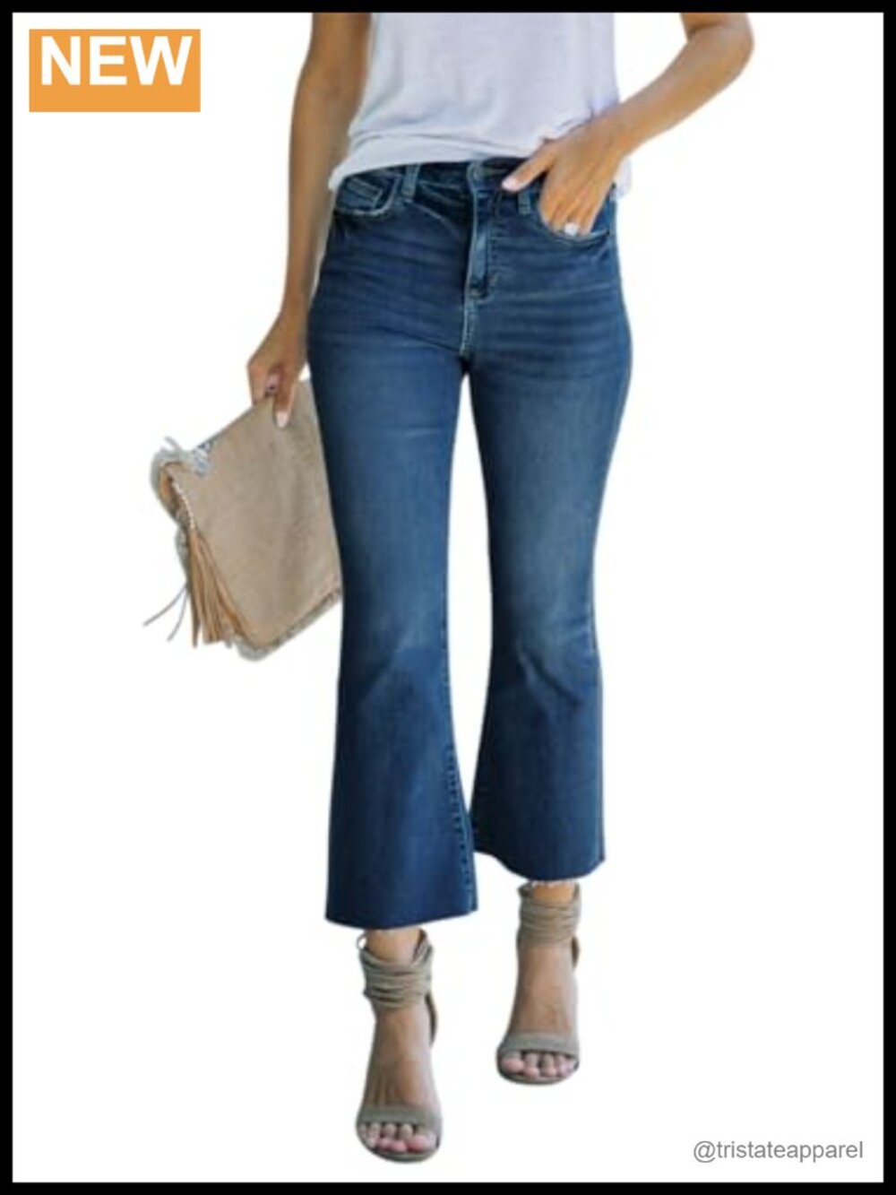 Cropped Bootcut Flare Jeans High Rise Raw Hem Five Pocket